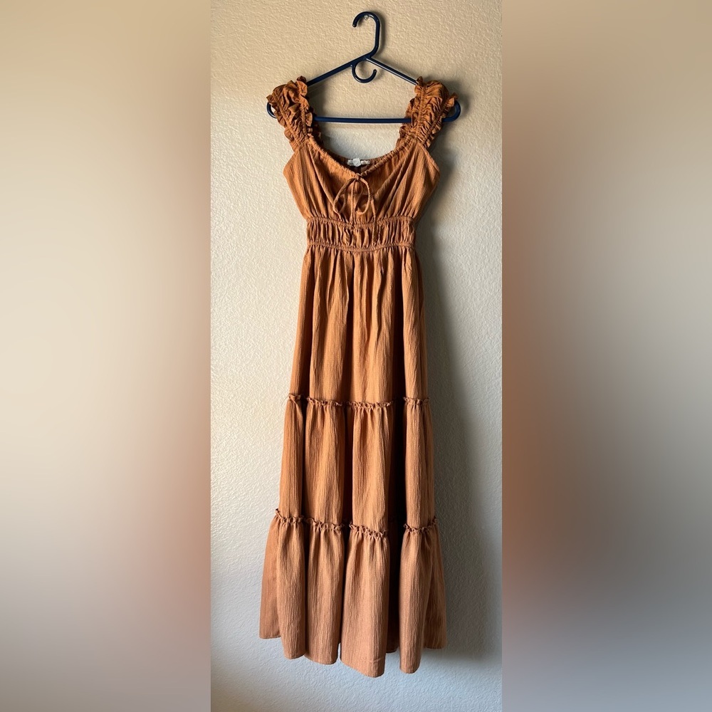 Pie In The Sky Elegant Tan Sleeveless Maxi Dress Sz S Ruffle Cottage Core TC0149